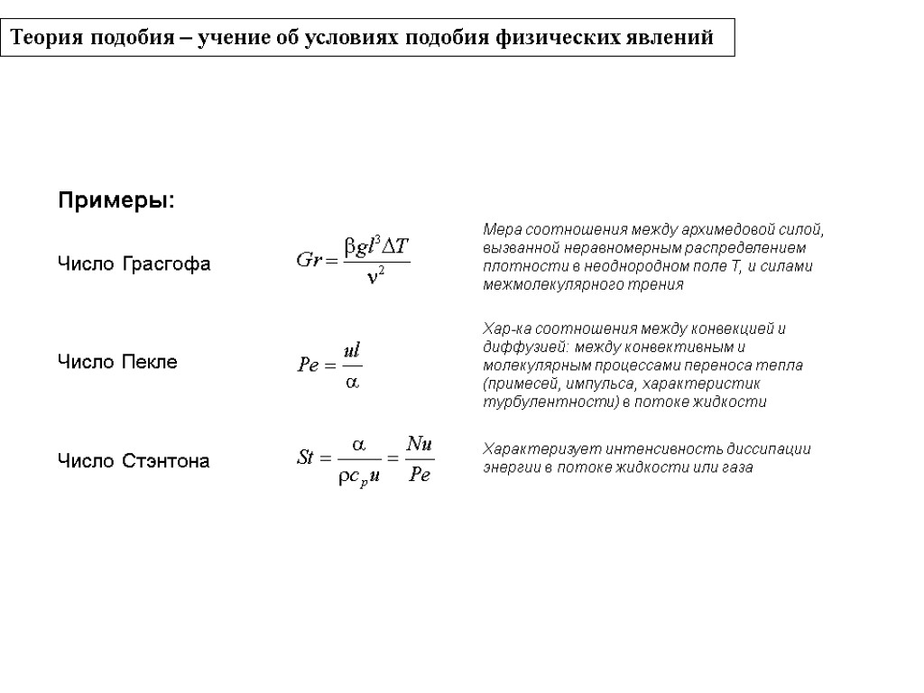 Теория подобия – учение об условиях подобия физических явлений Примеры: Число Грасгофа Число Пекле
